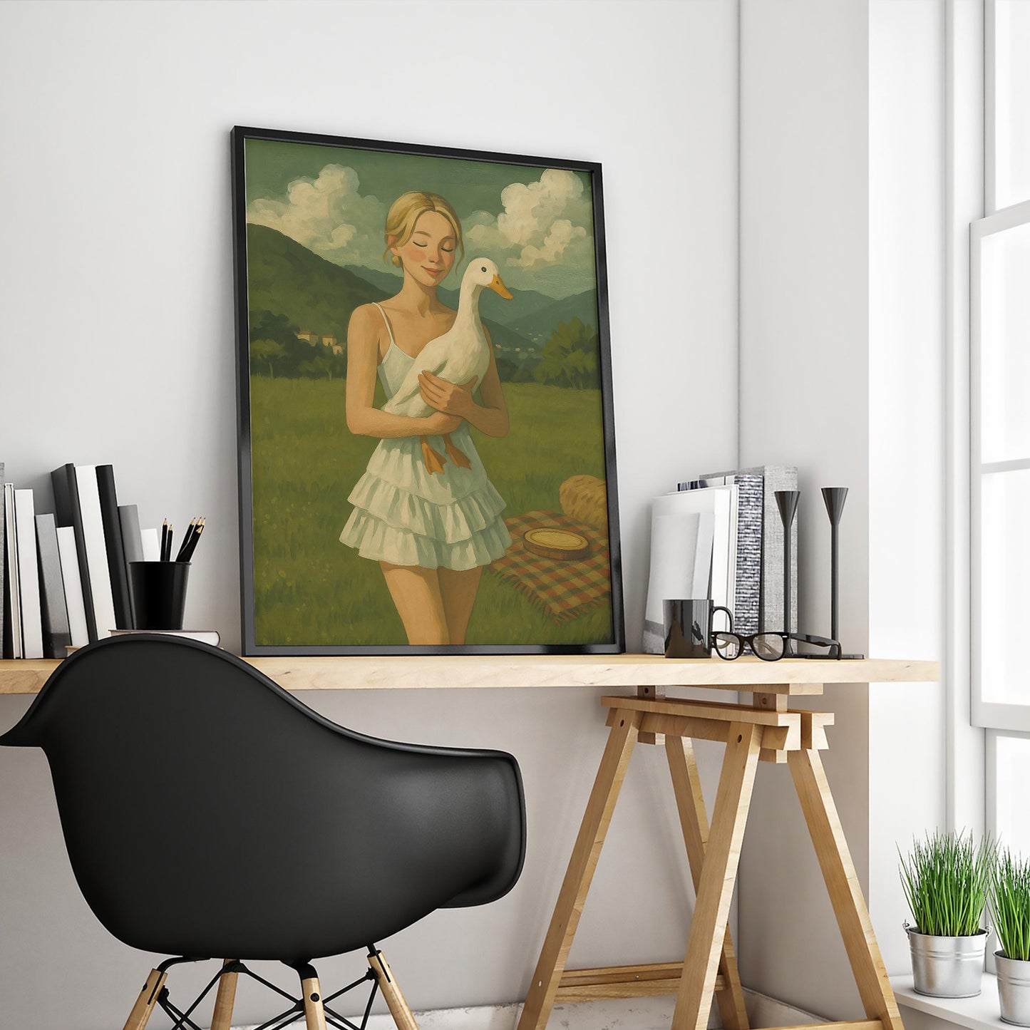 Girl With Goose Poster – Whimsical Countryside Wall Art With Rustic Farmhouse Decor