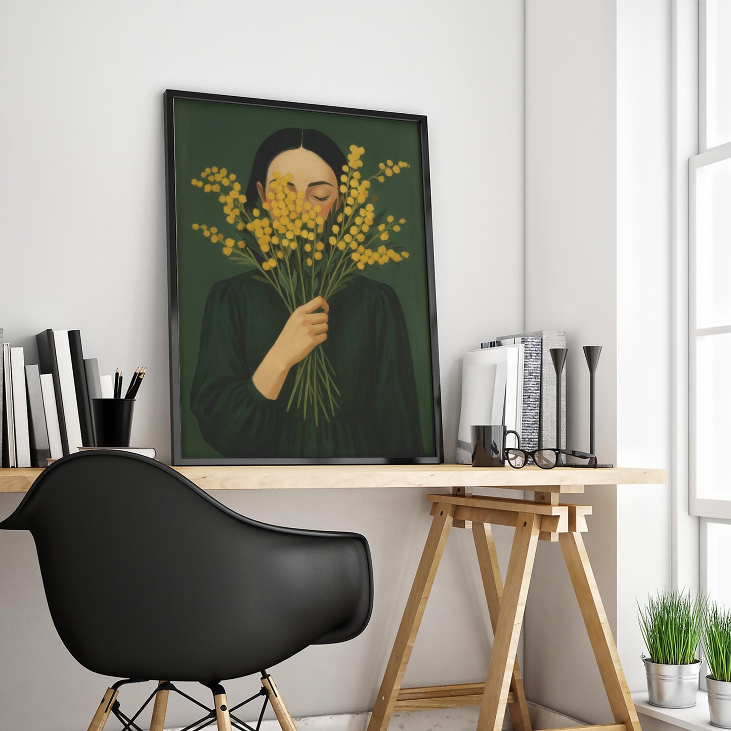 Minimal Floral Poster – Girl With Mimosa, Moody Green Yellow Print, Quiet Feminine Decor
