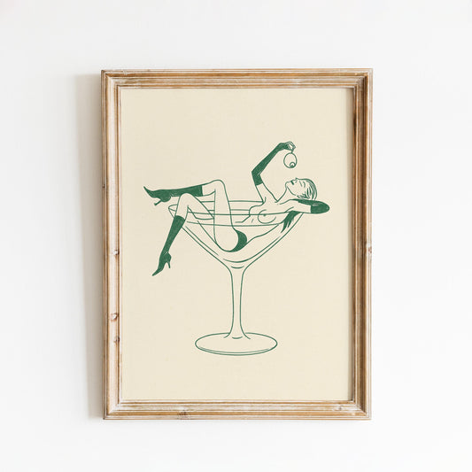 Martini Girl Line Art Print – Minimalist Retro Poster, Feminine Bar Wall Art