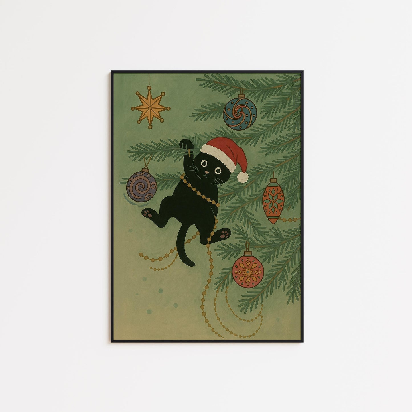 Christmas Cat Poster – Playful Retro Christmas Art With Festive Cat Decor