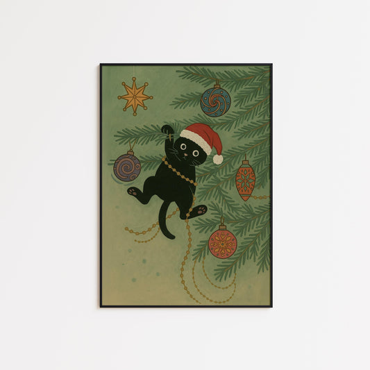 Christmas Cat Poster – Playful Retro Christmas Art With Festive Cat Decor