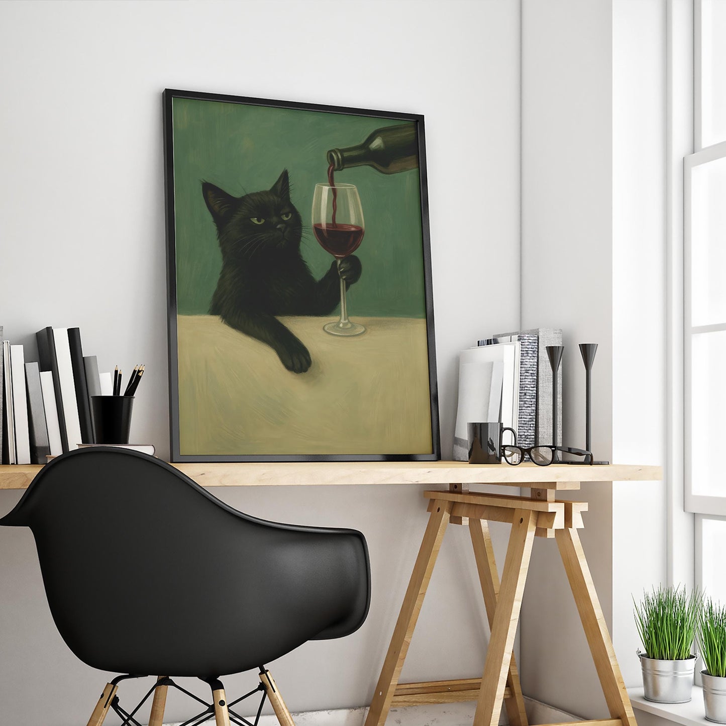 Black Cat Wall Art – Moody Cat Poster With Wine Glass | Gothic Kitchen Print