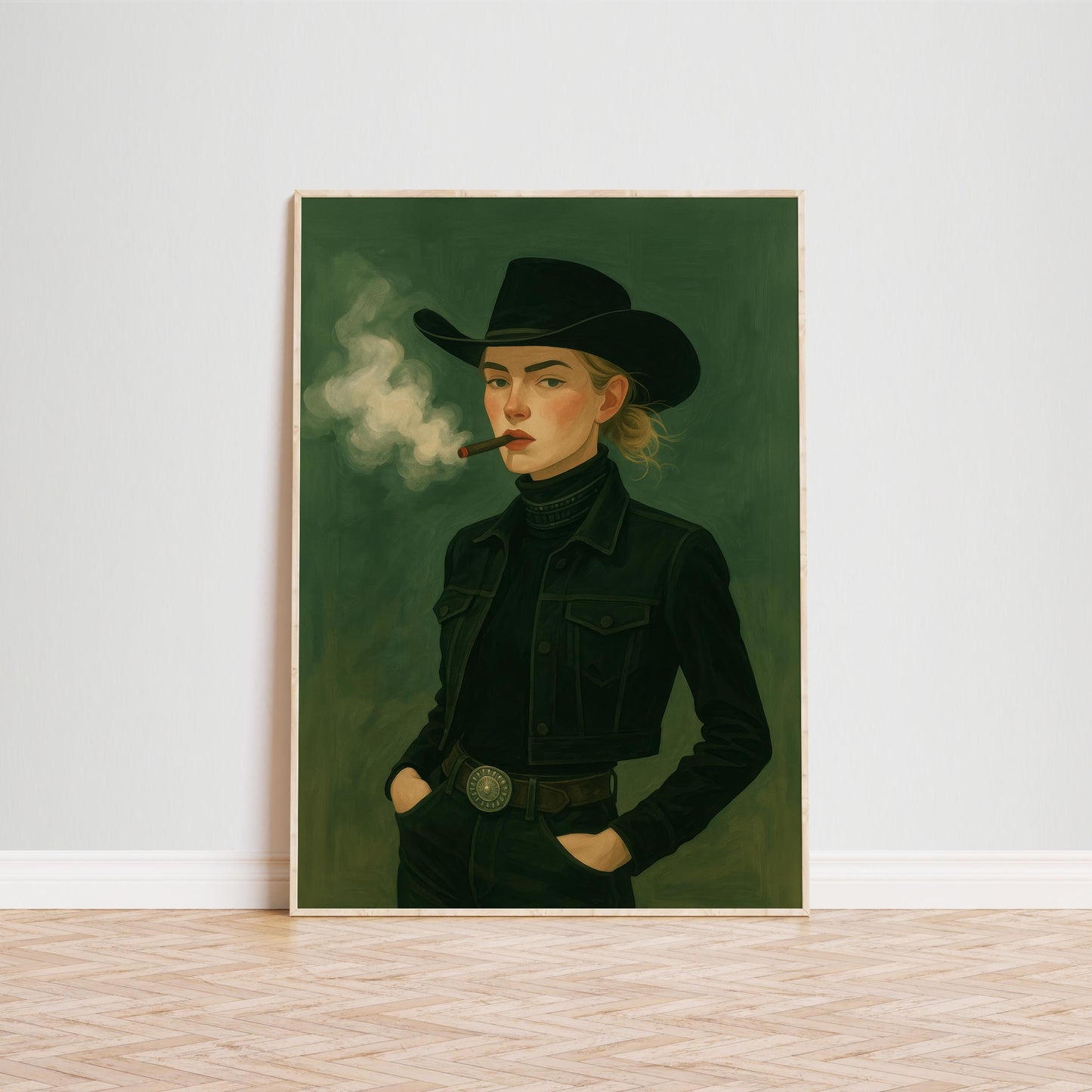Cowgirl Smoking Cigar – Western Feminist Portrait Print | Moody Dark Tone Wall Art