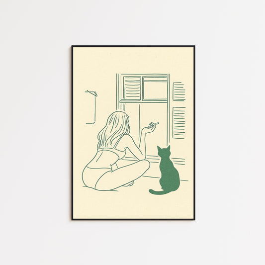 Morning Cigarette Poster – Minimal Line Art Woman Print, Femmaura Bold Series
