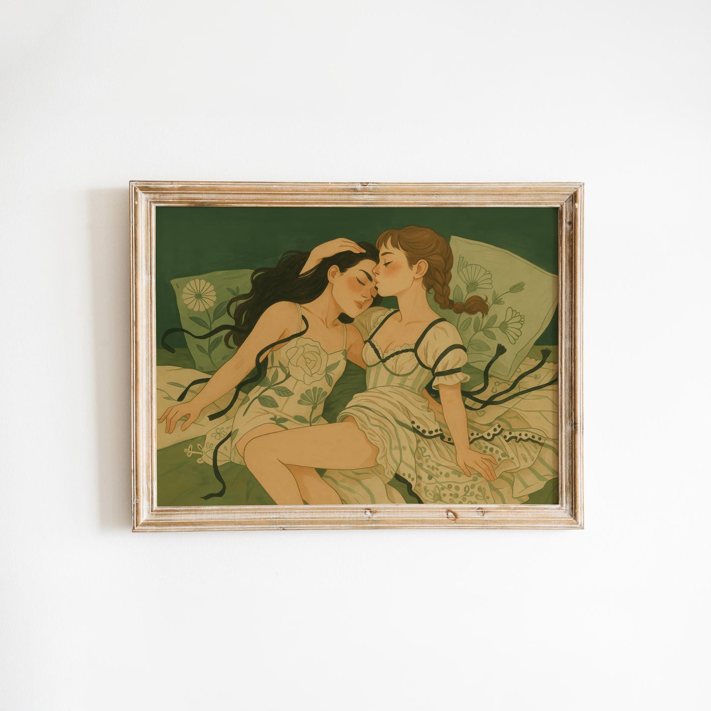 Sapphic Art Print – Tender Lesbian Embrace Floral Bedroom Wall Decor