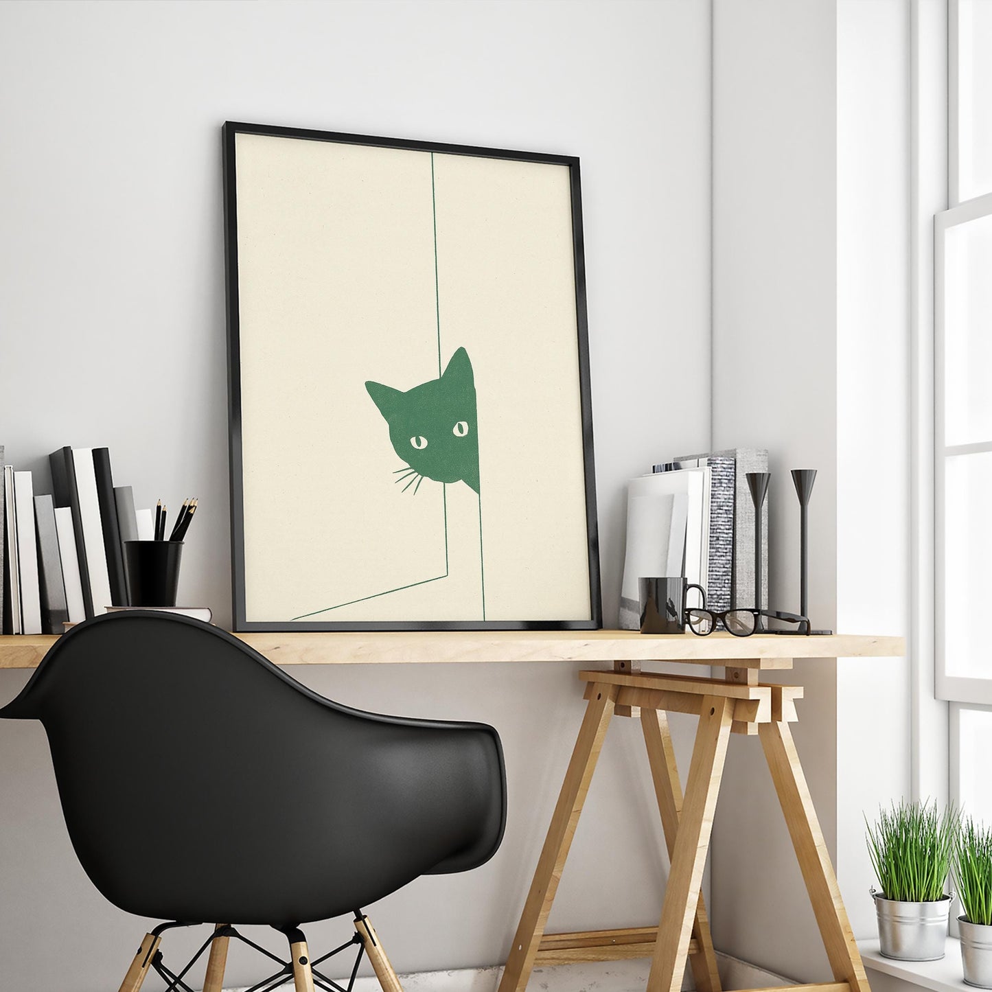 Peeking Cat Minimal Poster – Modern Line Art Wall Print, Cozy Neutral Home Decor