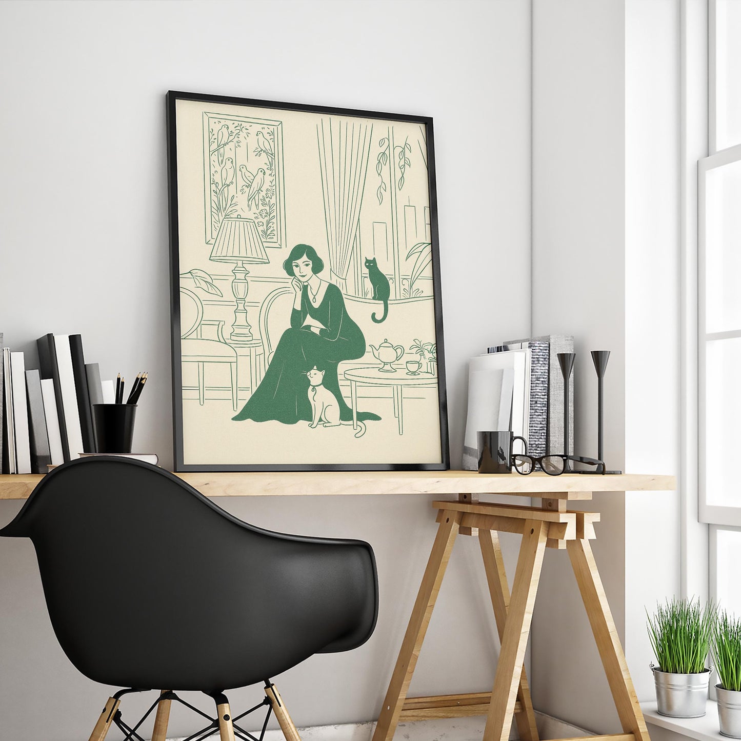 Afternoon Tea – Elegant Woman with Cats Line Art Poster, Vintage Minimal Illustration