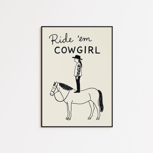 Ride ’em Cowgirl Funny Minimal Poster – Western Line Art Print