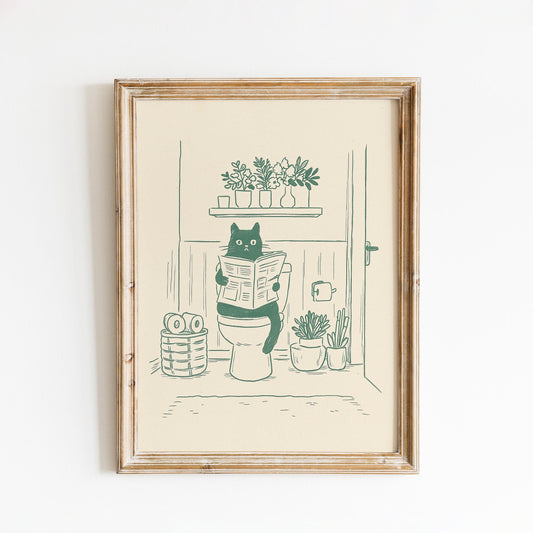 Bathroom Cat Poster – Funny Minimal Line Art Wall Decor