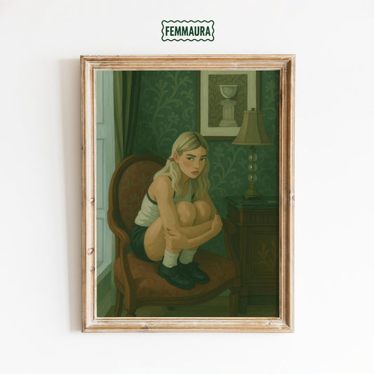 Moody Vintage Art Print – Green Wall Art with Cinematic Mood & Retro Decor