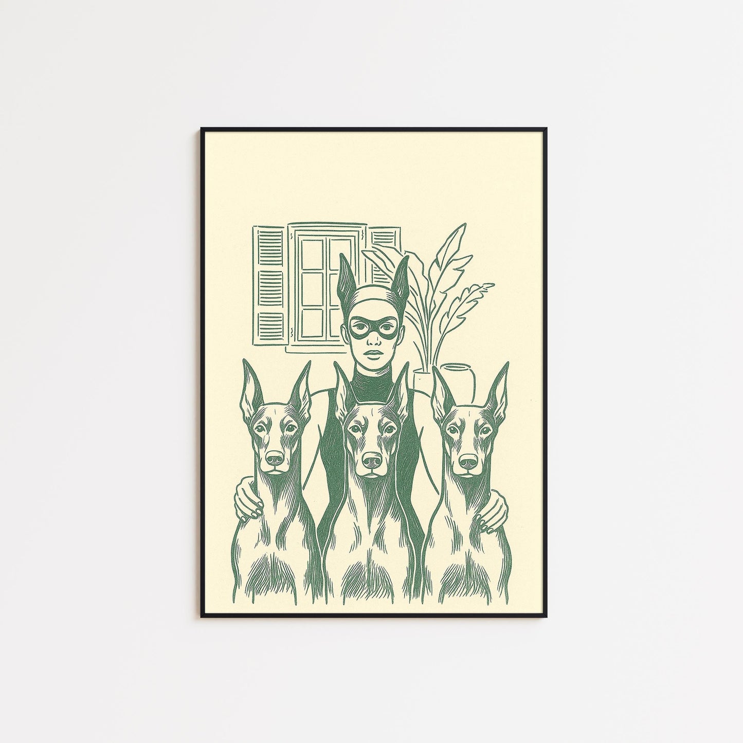 Masked Woman Poster – Feminine Power Art | Minimal Vintage Illustration, Green Line Drawing