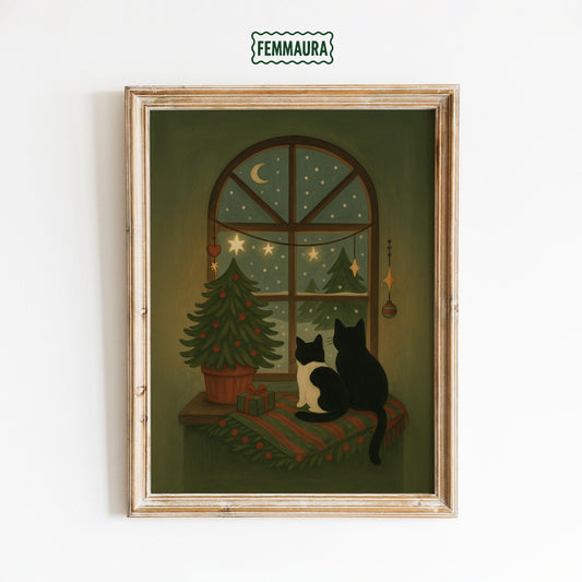 Christmas Cat Poster – Cozy Xmas Print | Vintage Holiday Wall Decor Art