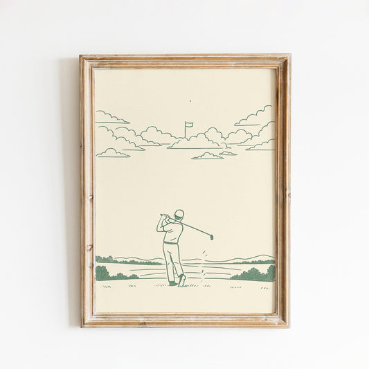 Minimal Golf Swing Poster – Vintage Green Line Art for Sport Lovers