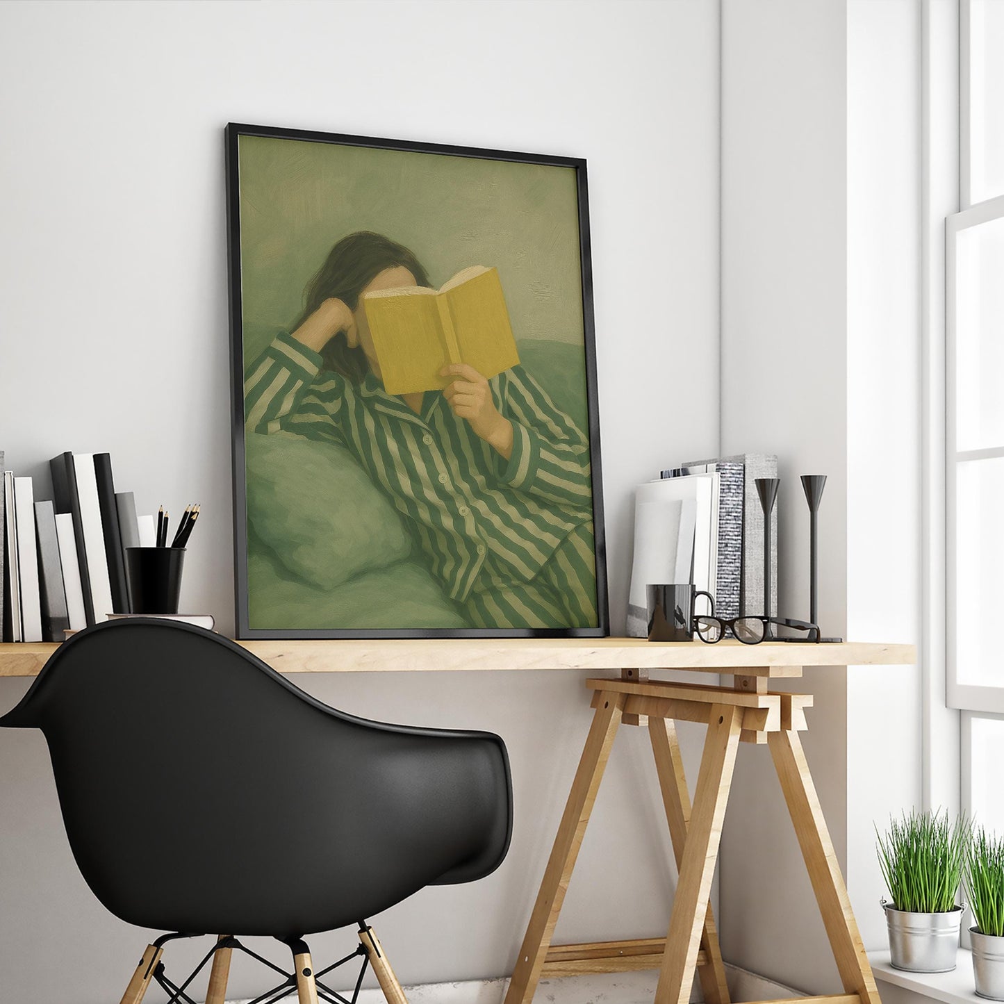 Reading Woman Poster – Cozy Wall Art | Minimalist Decor, Soft Green Artwork