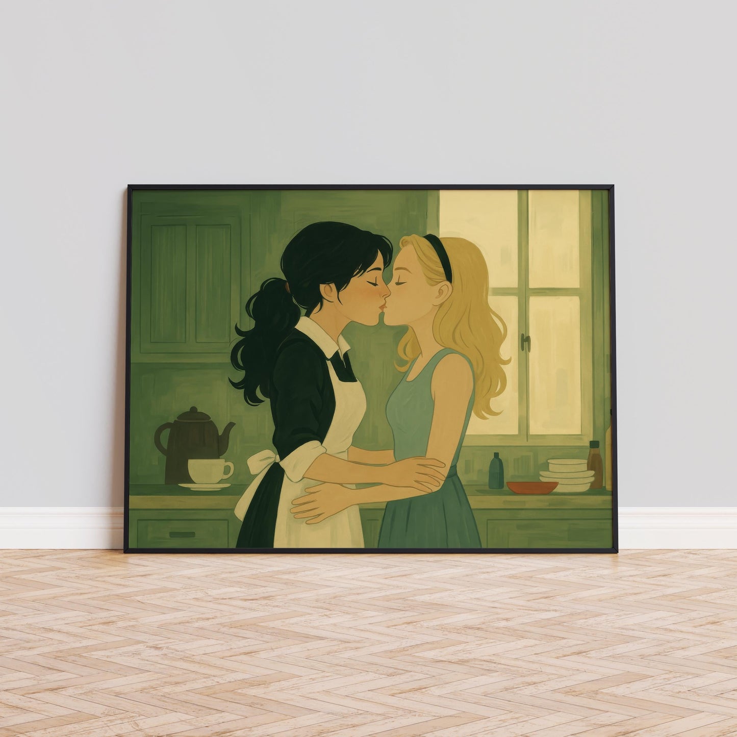 Sapphic Vintage Poster – Lesbian Kiss Art With Cozy Retro Kitchen Print