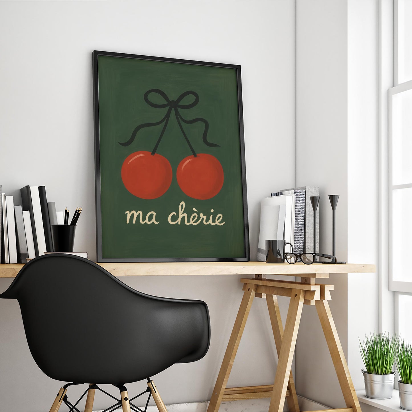 Cherry Wall Art – French Cherry Print Retro Fruit Poster With Elegant Script