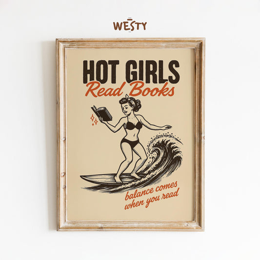 Hot Girls Read Books Poster – Retro Pin-Up Surf Art Print