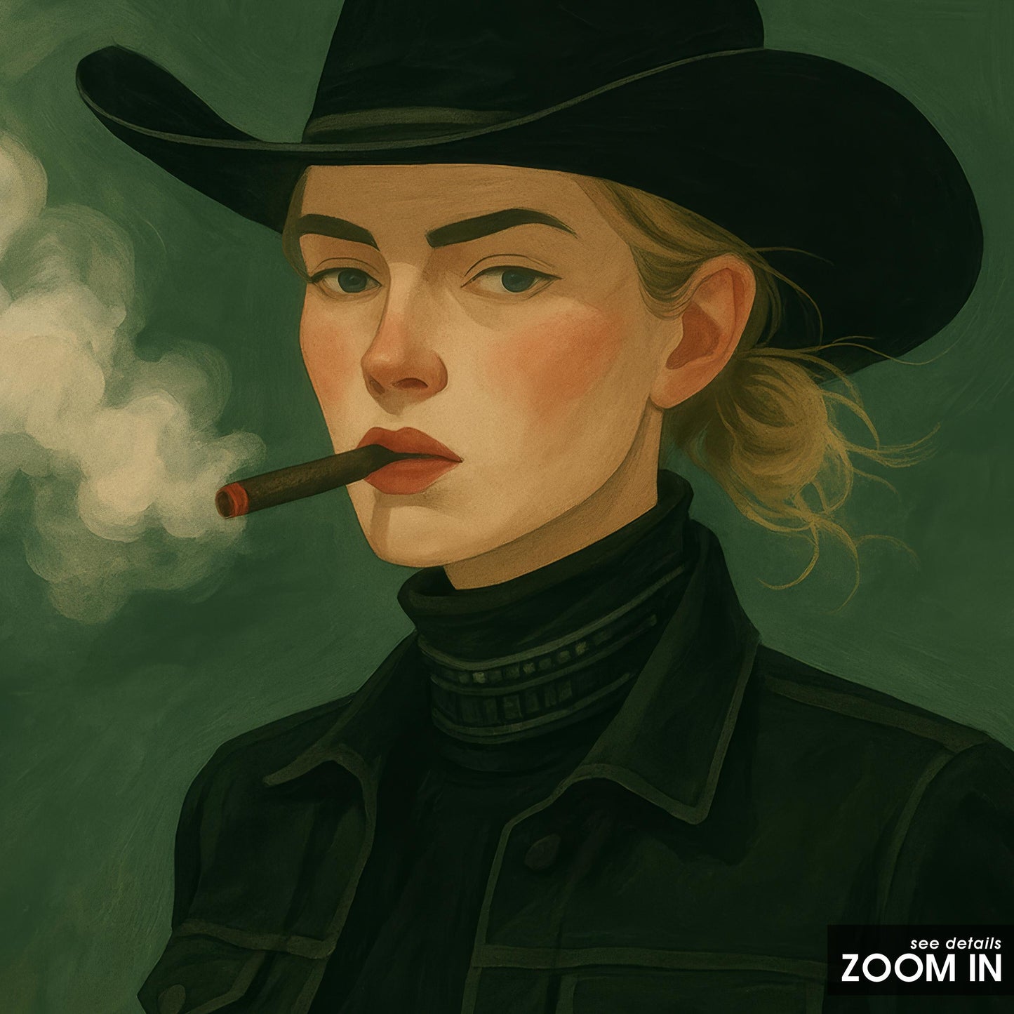 Cowgirl Smoking Cigar – Western Feminist Portrait Print | Moody Dark Tone Wall Art