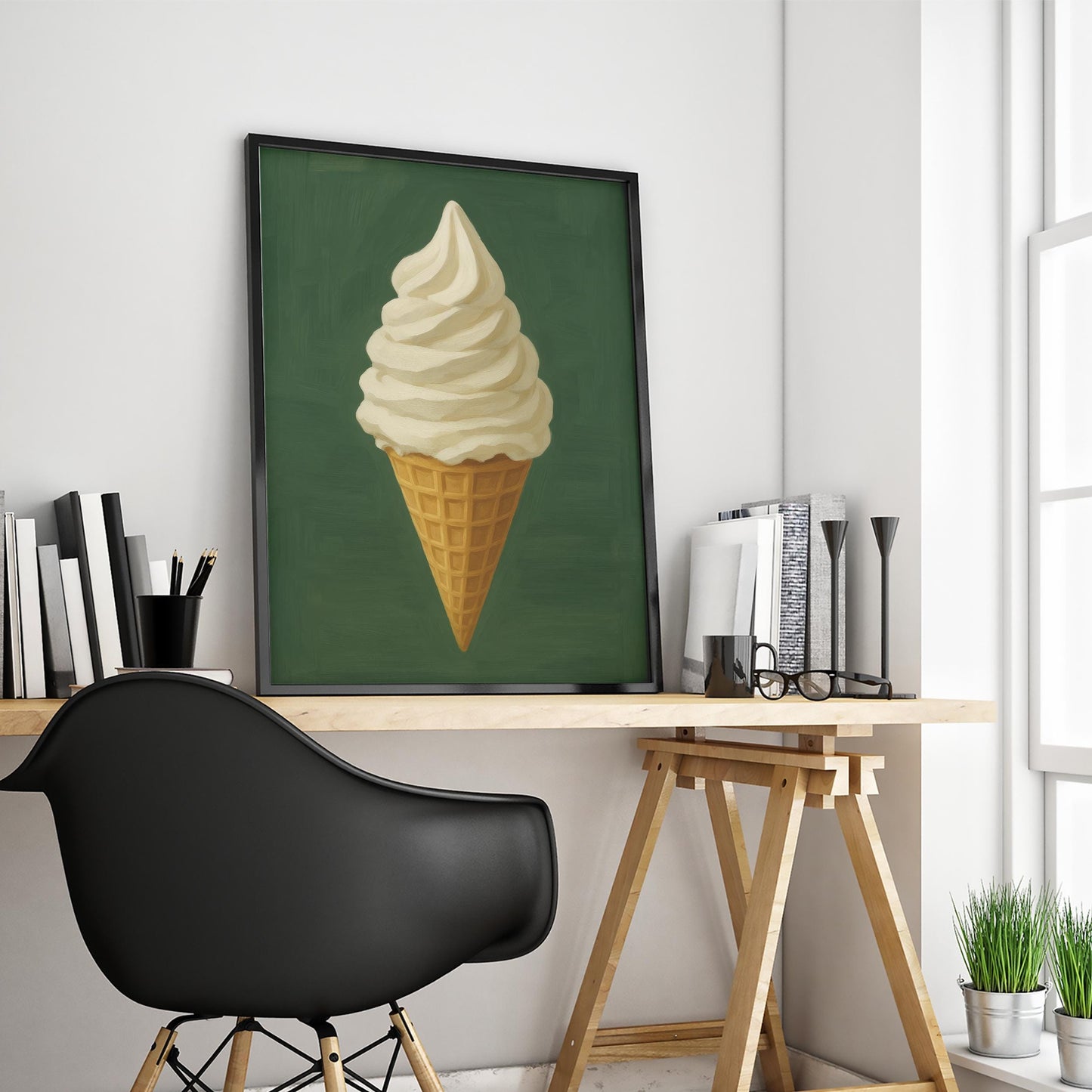 Ice Cream Wall Art – Retro Dessert Print | Minimalist Vanilla Cone Poster