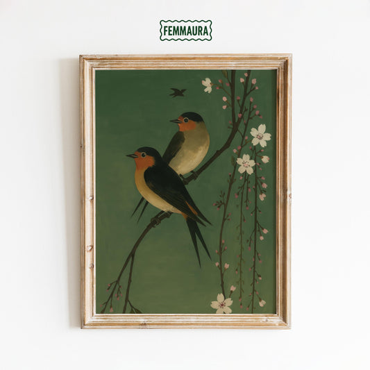 Vintage Bird Wall Art – Barn Swallow Print with Cherry Blossom Floral Decor