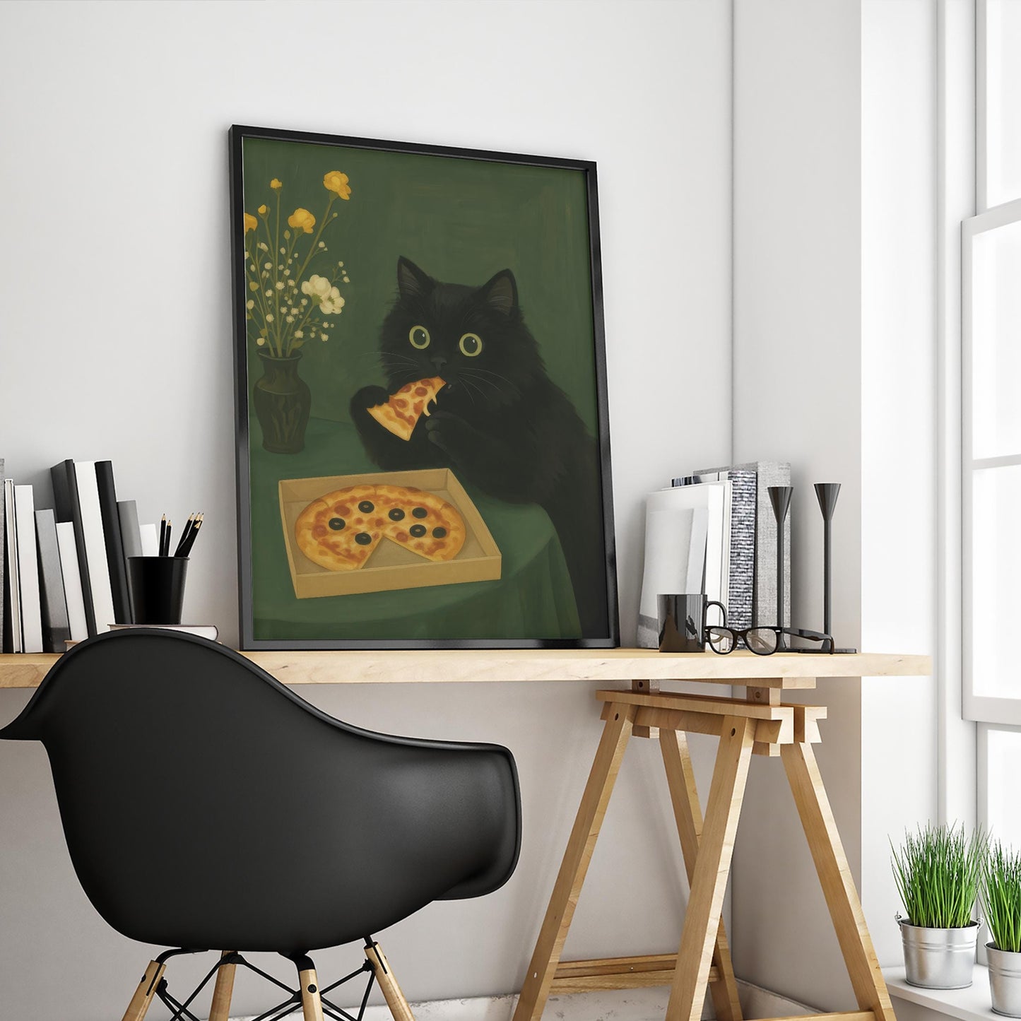 Black Cat Wall Art – Funny Cat Poster With Pizza Lover Decor & Playful Charm