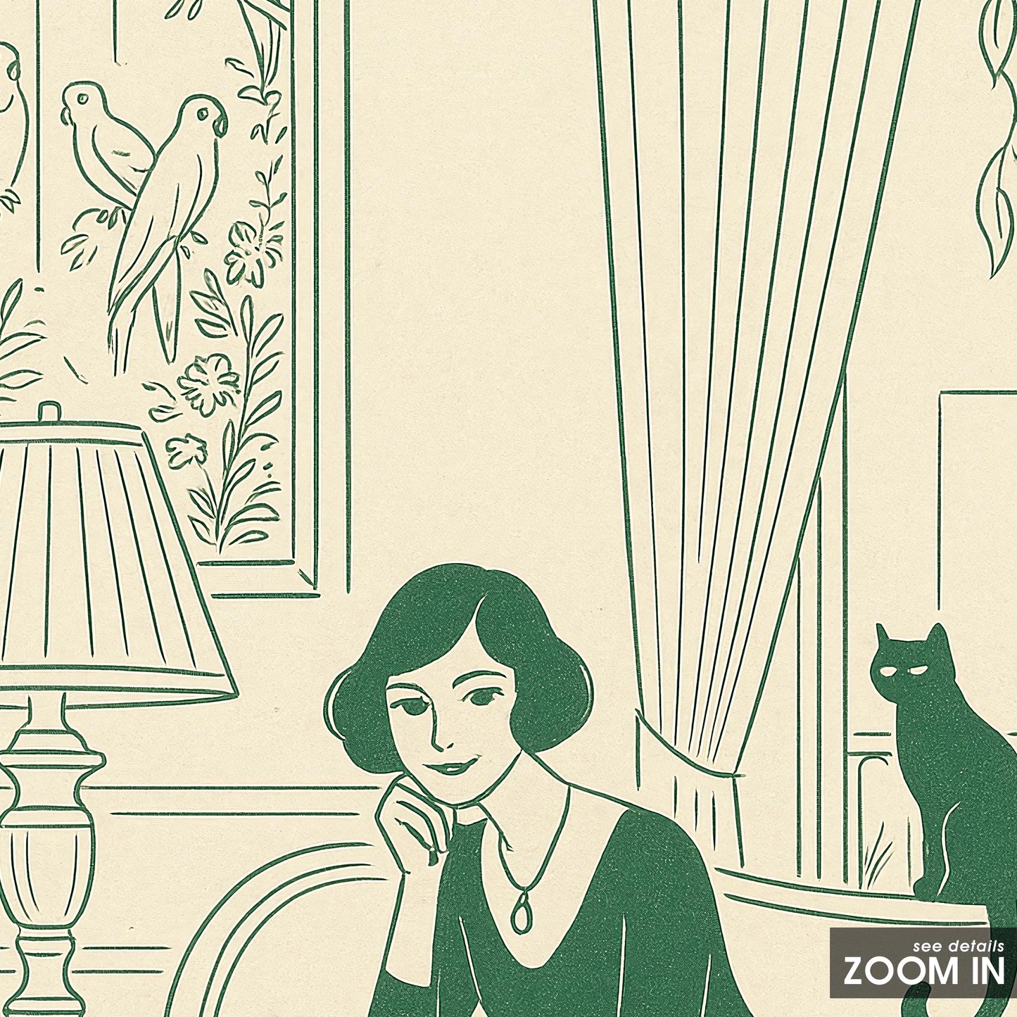Afternoon Tea – Elegant Woman with Cats Line Art Poster, Vintage Minimal Illustration
