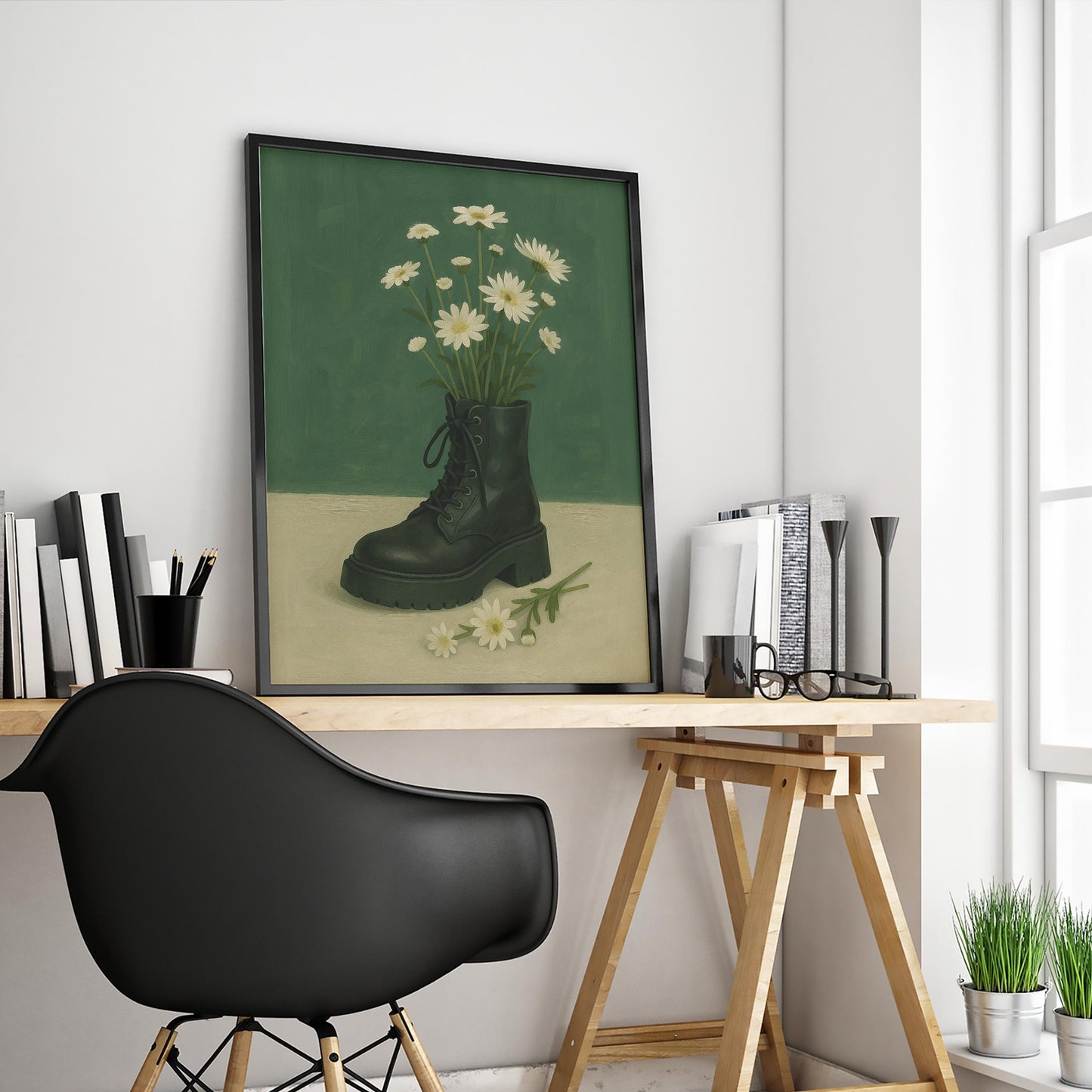 Combat Boot Art Print – Feminine Strength Botanical Wall Art With Daisies