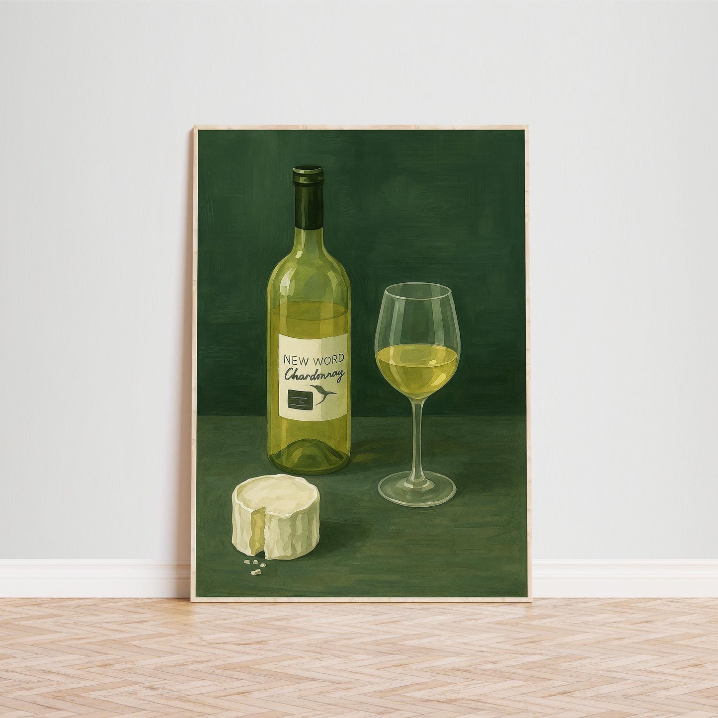 Chardonnay Cheese Poster – Minimalist Wine Print | Olive Green Vintage Wall Art