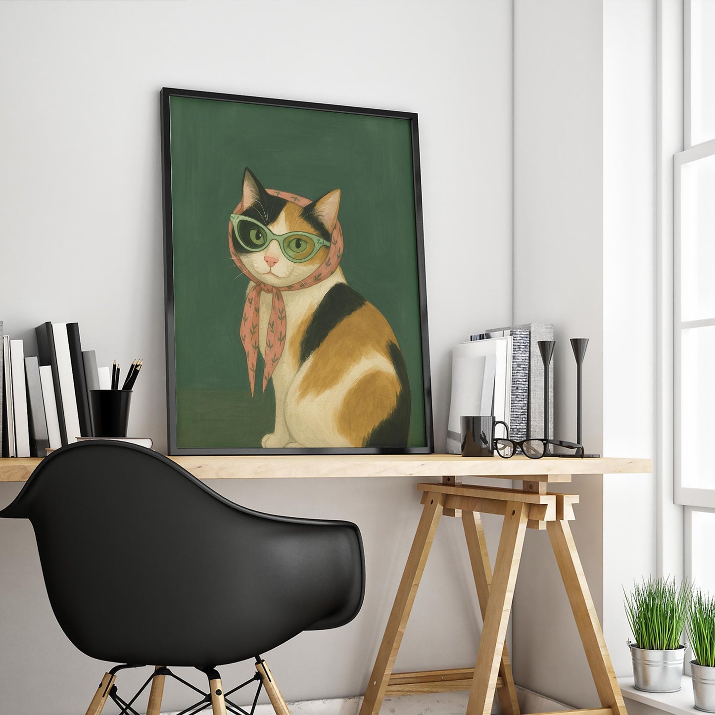 Retro Cat Poster – Vintage Calico Cat Wall Art With Stylish Pink Scarf