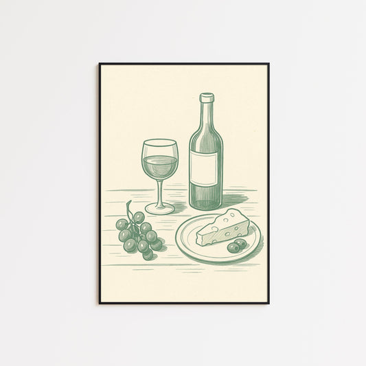 Wine and Cheese Print – Vintage Line Art Kitchen Poster, Neutral Dining Wall Decor