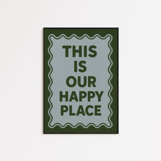 Retro Quote Print – Cozy Happy Place Poster With Wavy Frame Design