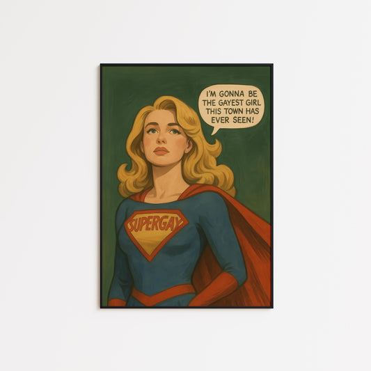 Queer Pride Wall Art – Bold Supergay Superhero Comic Print for Pride Season