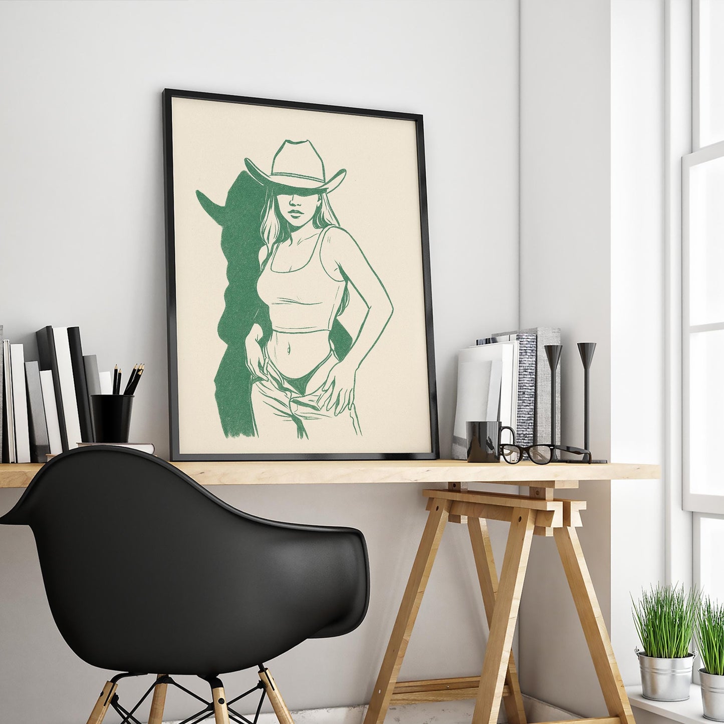 Cowgirl Shadow Poster – Minimal Green Line Western Wall Art