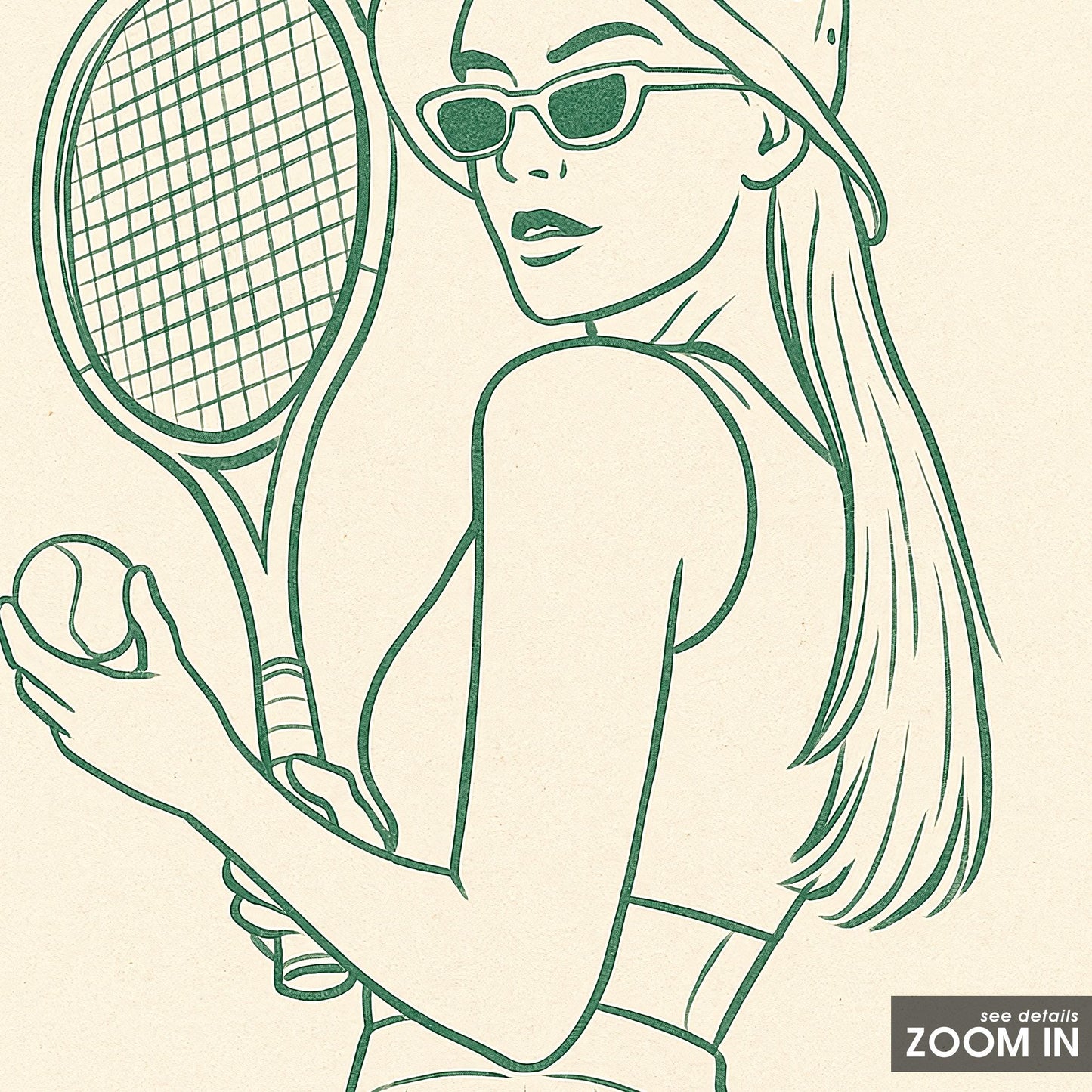 Vintage Tennis Girl Poster – Minimal Green Line Art Wall Print