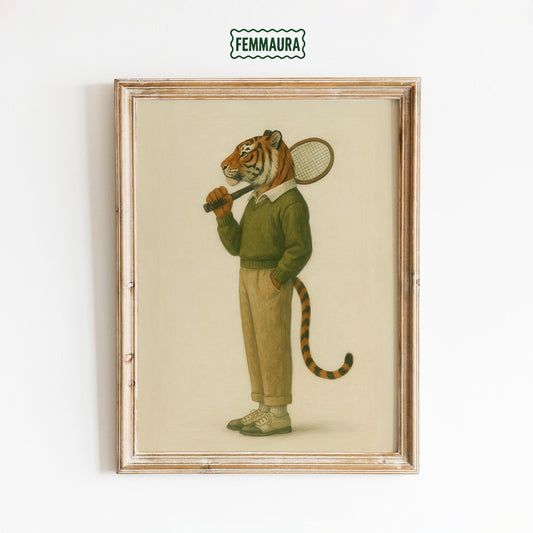 Vintage Tennis Poster – Tiger Wall Decor | Retro Sports Print Gouache Illustration