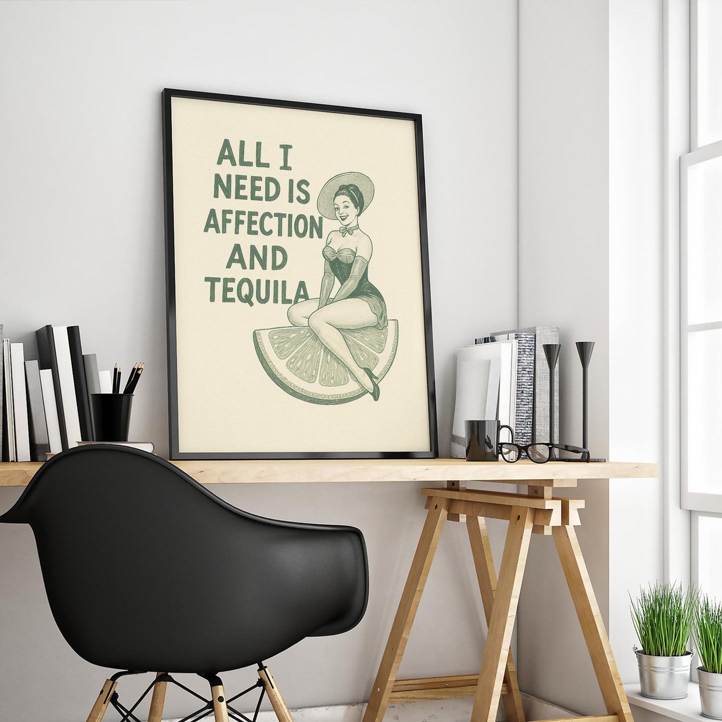 All I Need Is Affection and Tequila Poster – Retro Pin-Up Cocktail Art