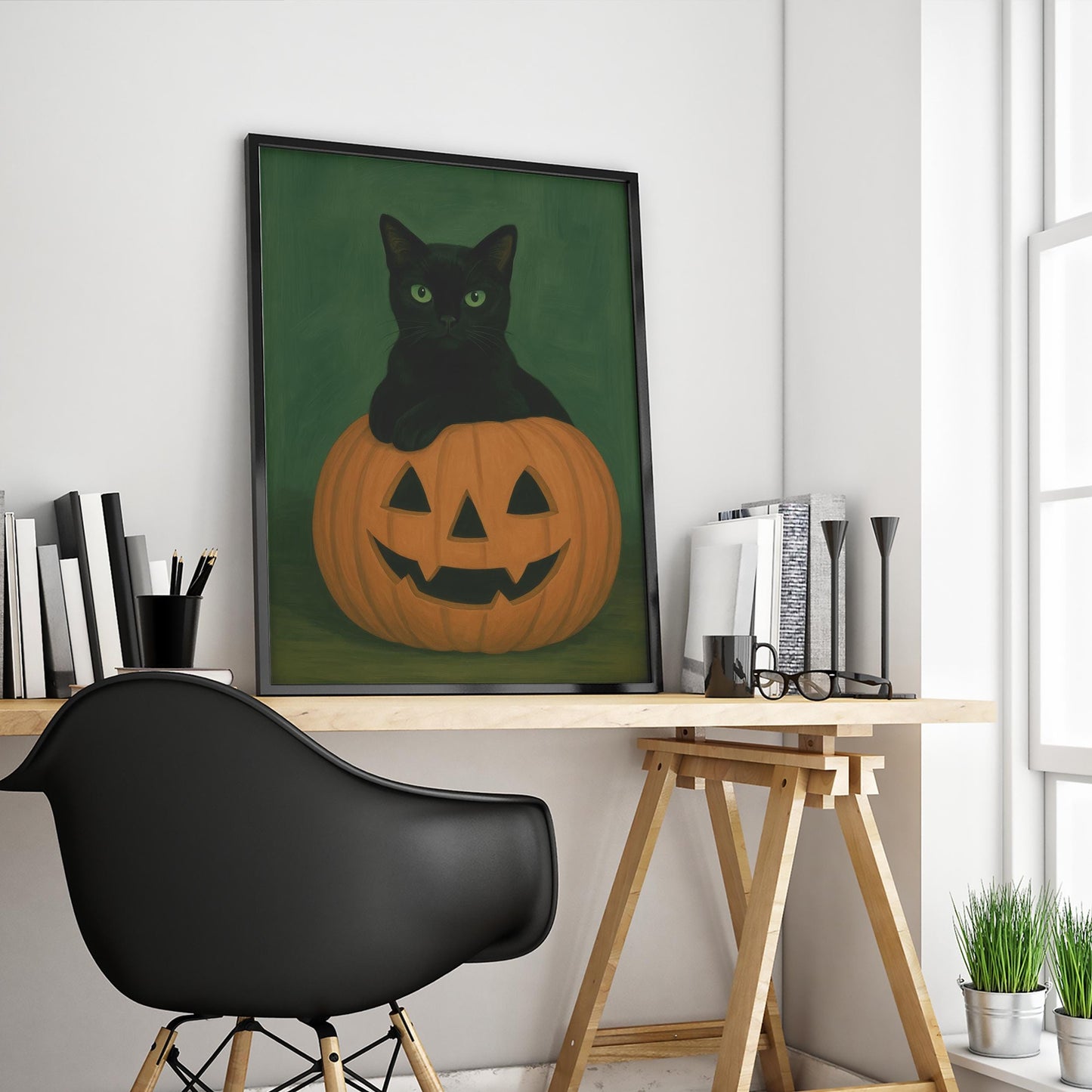 Black Cat Pumpkin Art – Halloween Wall Decor With Moody Autumn Colors
