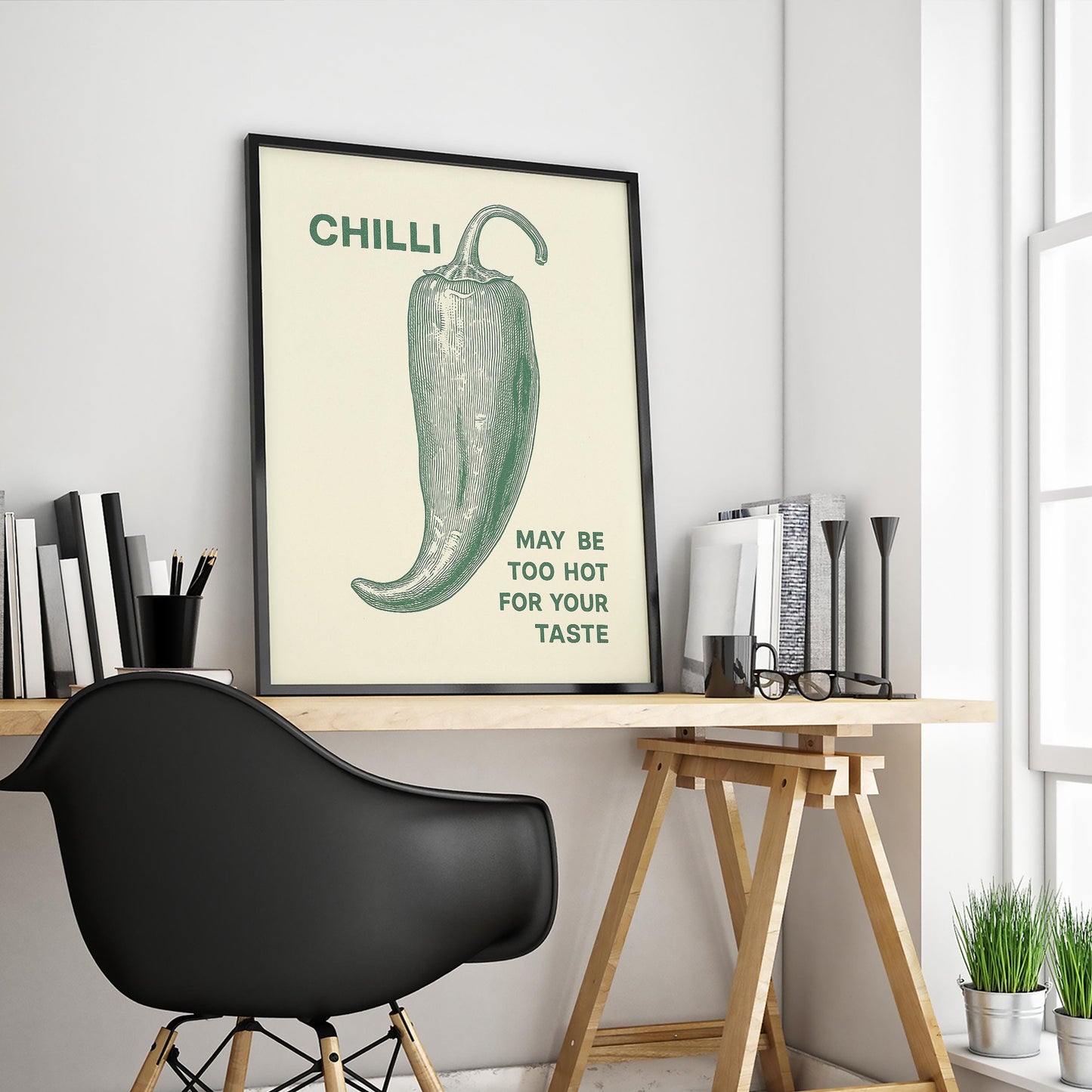Chilli Poster – Vintage Green Pepper Print – Spicy Kitchen Wall Art – Retro Food Illustration