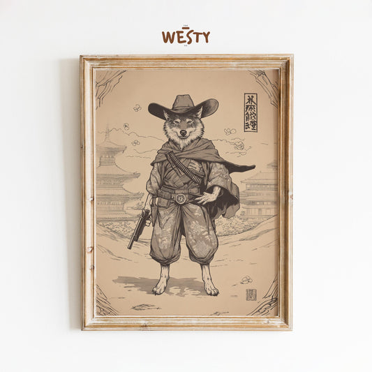 Wolf Gunslinger Samurai Poster – Sepia East-West Fusion Wall Art