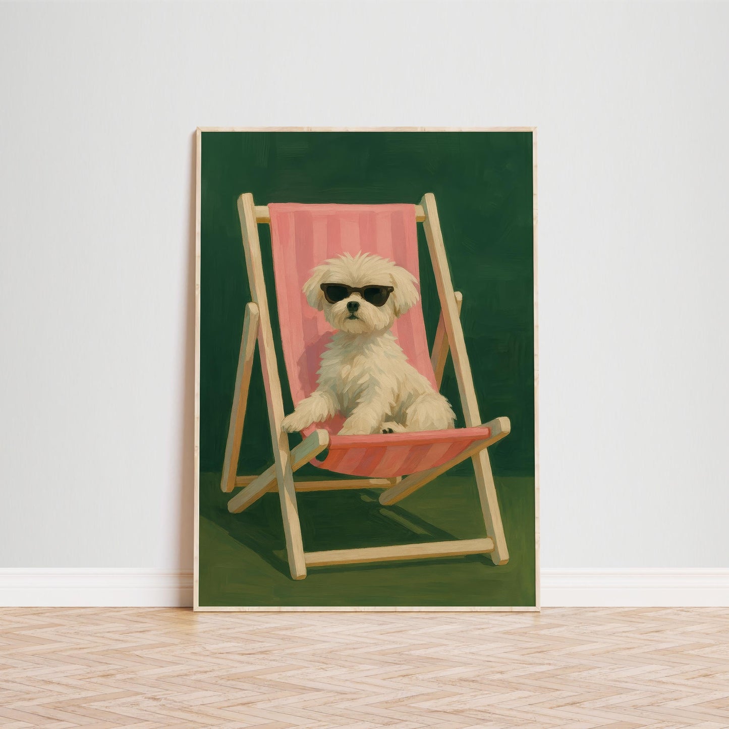 Funny Dog Wall Art – Retro Beach Dog Poster On Deck Chair, Chill Summer Print