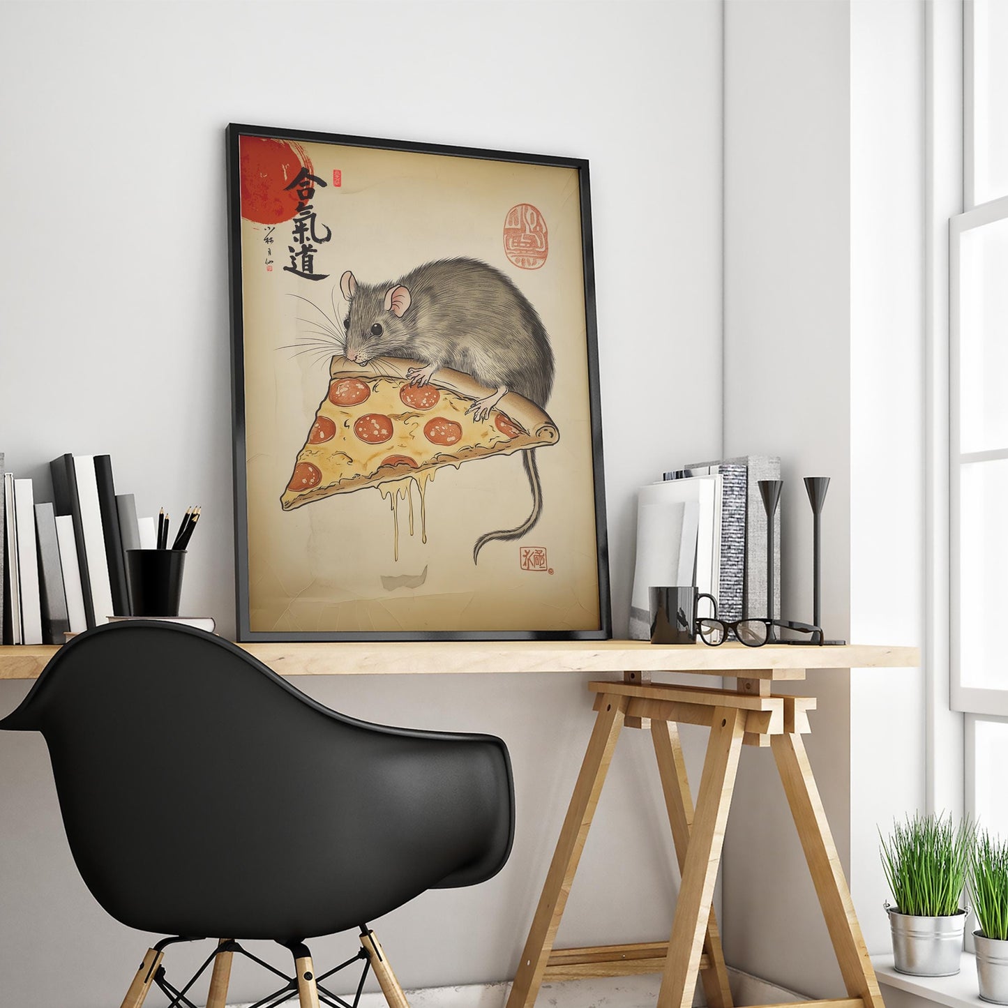 Samurai Rat & Pizza – Japanese Pop Fusion Art Print