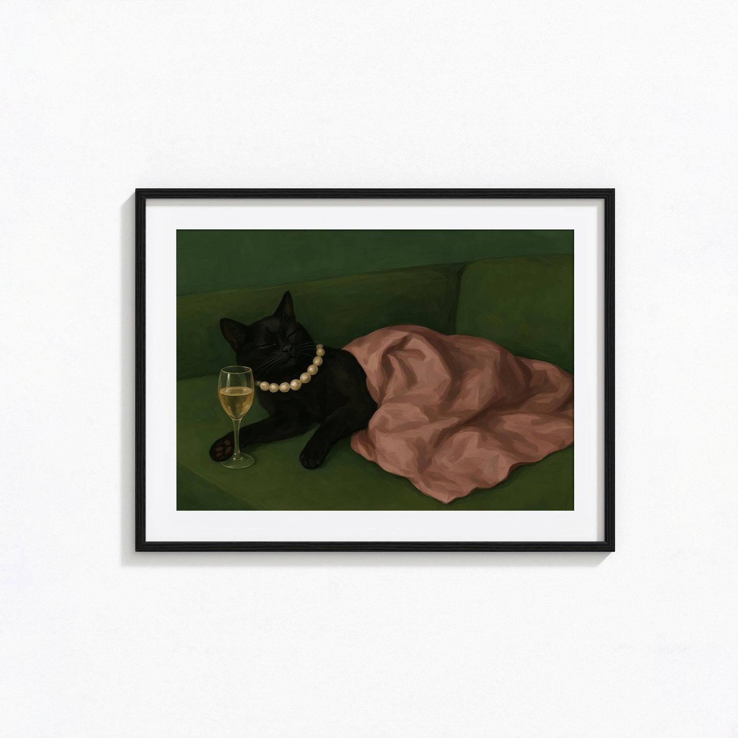 Black Cat Poster – Cozy Cat Art with Champagne & Pearl Elegant Wall Art