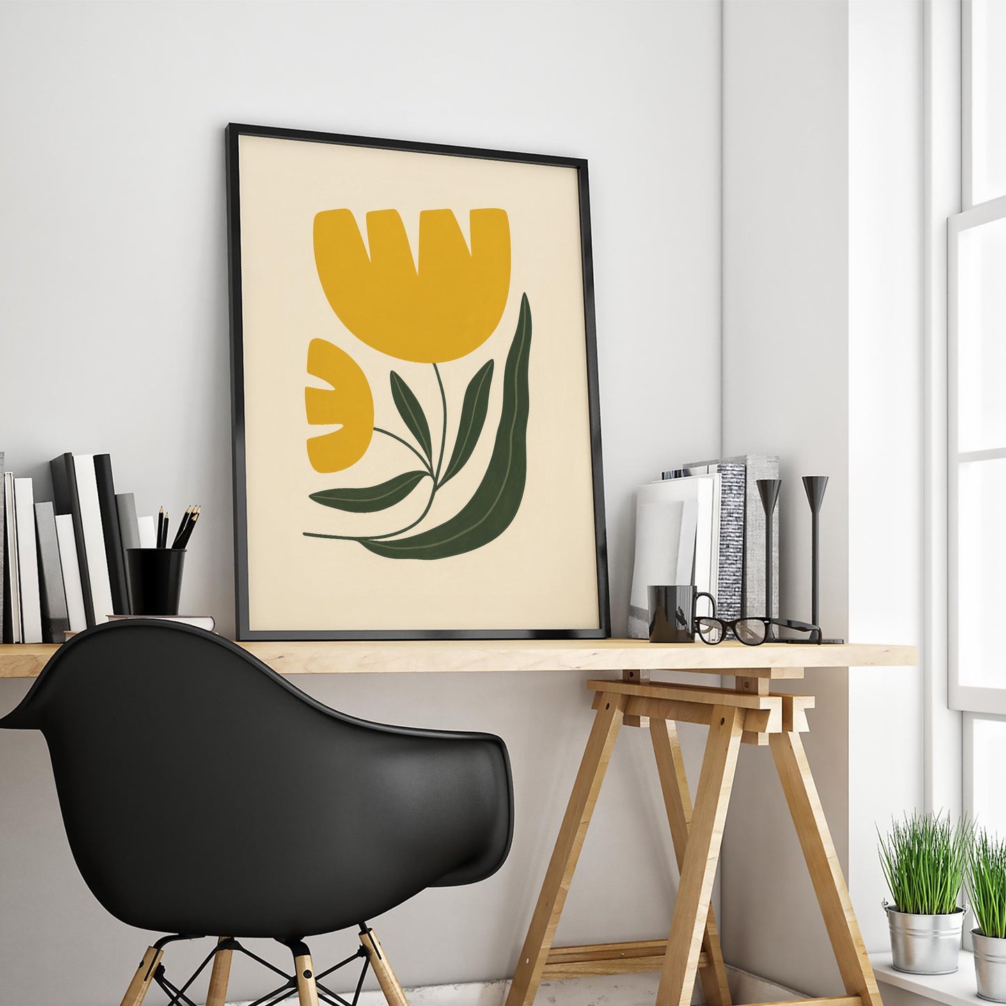 Retro Tulip Wall Art – Minimalist Floral Poster | Mustard Green Decor, Midcentury Flower Print