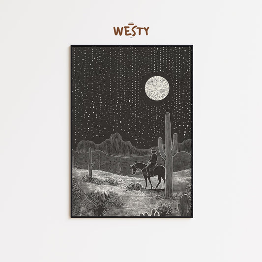 Cowboy Under Moonlight – Western Desert Night Poster