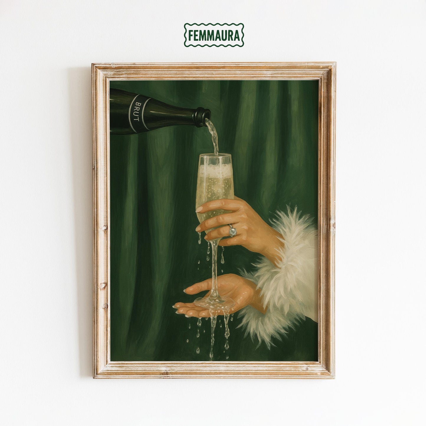 Feminine Luxe Art Print – Champagne Wall Art | Deep Green & Gold Decor