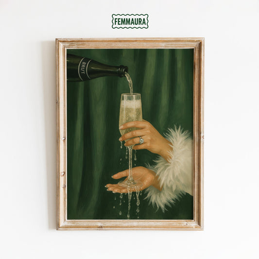 Feminine Luxe Art Print – Champagne Wall Art | Deep Green & Gold Decor