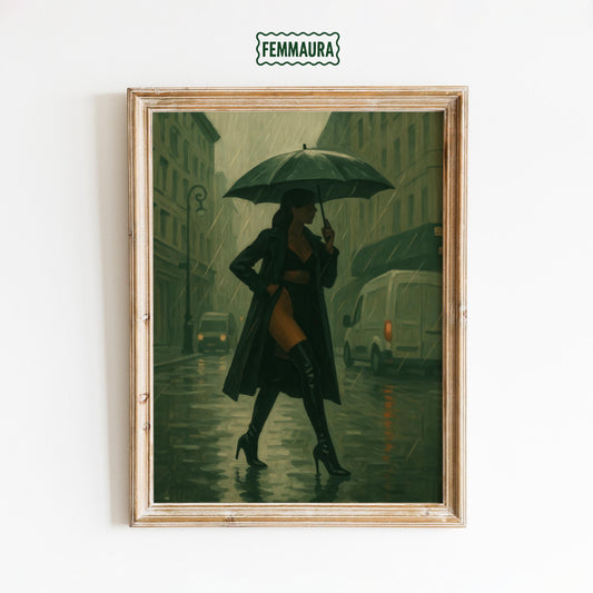 Noir Femme Fatale Art – Moody Urban Decor With Rainy City Artwork And Trench Coat Elegance