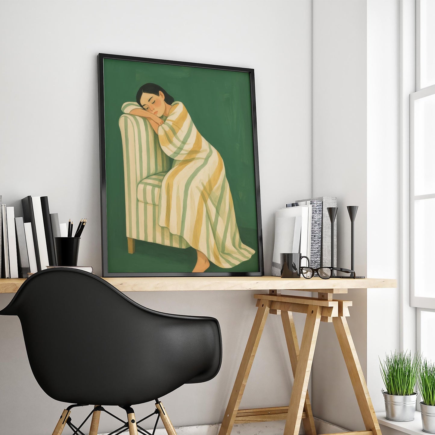 Striped Chair Girl Poster – Calm Resting Art | Green Yellow Decor & Cozy Wall Print
