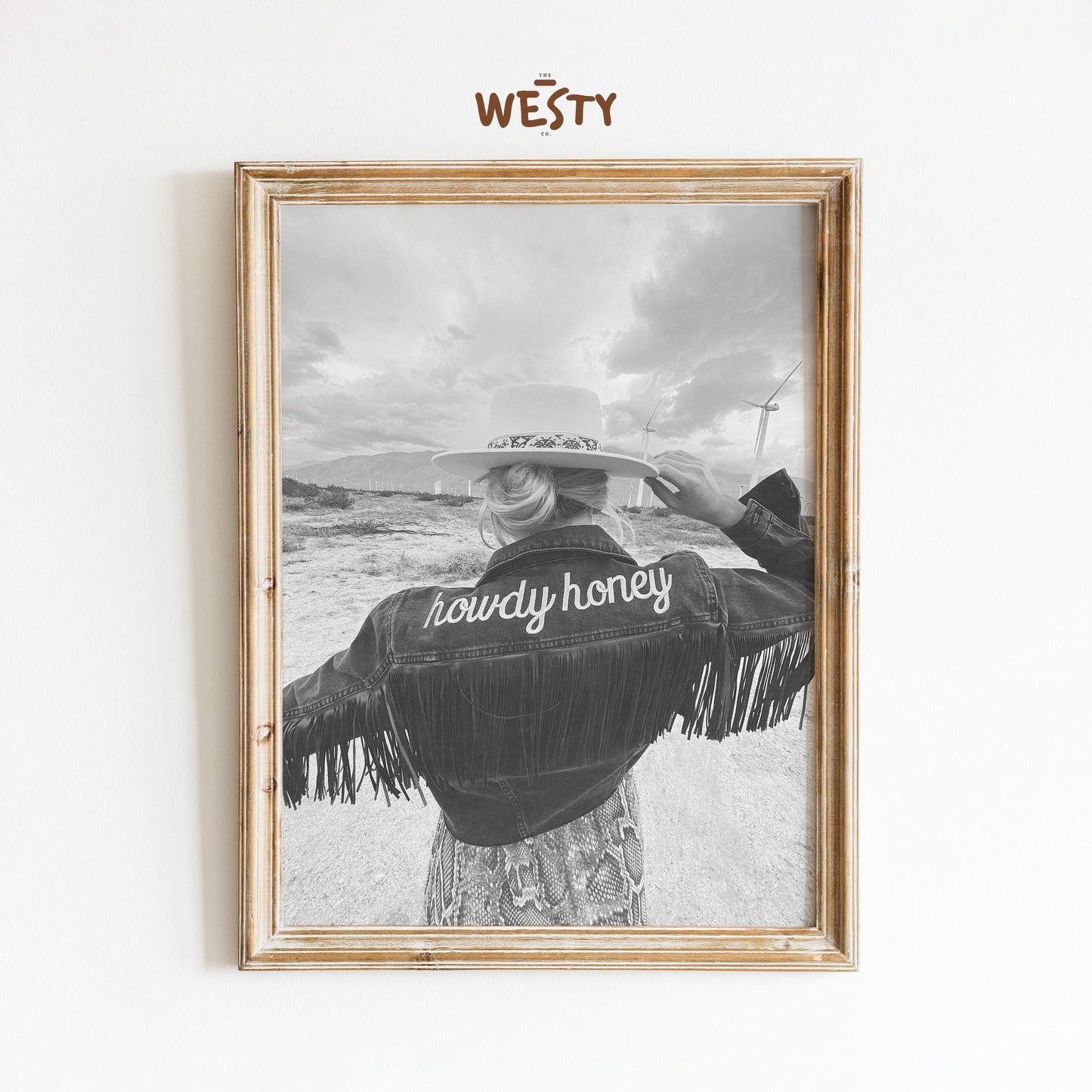 Howdy Honey Western Poster – Black & White Cowgirl Wall Art with Fringe Denim Jacket