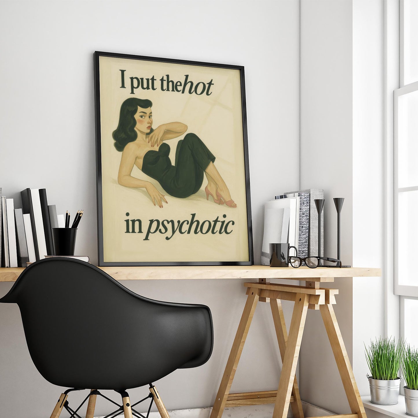Psychotic Poster Art – Beige Background Retro Pinup Poster with Dark Humor Wall Decor